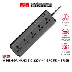 Ổ Điện Đa Năng Drapow SK29 - 5 Ổ Cắm 220V, 1 Cổng Sạc Nhanh PD 20W & 3 Cổng USB-A, An Toàn Cho Gia Đình, Thiết Kế Hiện Đại