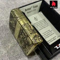 Zippo Armor Vỏ Dày Đồng Vàng Bóng Khắc Hoa Văn Sang Trọng 4 Mặt - Quà Tặng Độc Đáo Cho Người Yêu Thích Zippo