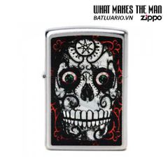 Bật Lửa Zippo 24883 - Skull Day of the Dead Satin Chrome - Quà Tặng Khắc Họa Đầu Bướm Độc Đáo