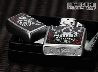Bật Lửa Zippo 24883 - Skull Day of the Dead Satin Chrome - Quà Tặng Khắc Họa Đầu Bướm Độc Đáo