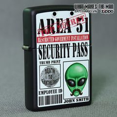 Bật Lửa Zippo Area 51 Security Pass - Bật Lửa Có Nắp Đen Mờ, Quà Tặng Cho Người Hâm Mộ UFO và Khoa Học Viễn Tưởng