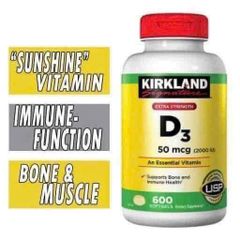 Viên uống Kirkland Vitamin D3 50mcg 600 viên – Tăng cường sức khỏe xương và răng, hỗ trợ hấp thụ canxi hiệu quả
