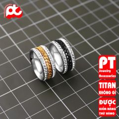 Nhẫn nam inox  cao cấp thời trang lồng xích 2 bên đính đá titan trangsucpt trắng cách điệu PTNNA11 400900