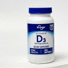 Viên uống bổ sung Vitamin D3 Kroger 125mcg (5000IU) - 200 Softgels Hỗ trợ tăng cường sức khỏe xương và miễn dịch, bổ sung hàng ngày tiện lợi