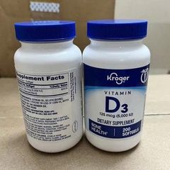 Viên uống bổ sung Vitamin D3 Kroger 125mcg (5000IU) - 200 Softgels Hỗ trợ tăng cường sức khỏe xương và miễn dịch, bổ sung hàng ngày tiện lợi