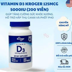 Viên uống bổ sung Vitamin D3 Kroger 125mcg (5000IU) - 200 Softgels Hỗ trợ tăng cường sức khỏe xương và miễn dịch, bổ sung hàng ngày tiện lợi