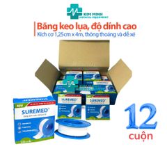Hộp 12 Cuộn Băng Keo Dính Vải Lụa Y Tế SUREMED - Băng Keo Silk Tape An Toàn Cho Da, Phù Hợp Với Người Lớn & Trẻ Em
