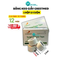 Hộp 12 Cuộn Băng Keo Giấy Greetmed 2.5cm x10yds - Băng Dính Y Tế Không Dị Ứng, Dễ Dàng Sử Dụng và Tiết Kiệm