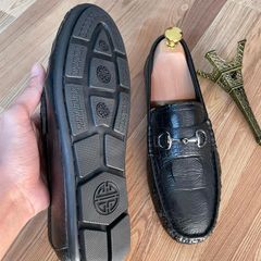 Giày Mocassin DAVINCIA Dập Vân Cá Sấu Đen - Giày Mọi Nam Da Microfiber Sang Trọng, Đế Cao Su Chắc Chắn