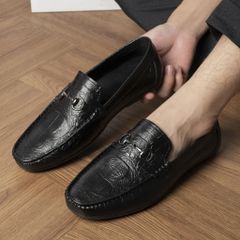 Giày Mocassin DAVINCIA Dập Vân Cá Sấu Đen - Giày Mọi Nam Da Microfiber Sang Trọng, Đế Cao Su Chắc Chắn