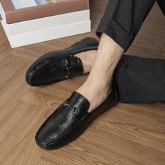 Giày Mocassin DAVINCIA Dập Vân Cá Sấu Đen - Giày Mọi Nam Da Microfiber Sang Trọng, Đế Cao Su Chắc Chắn