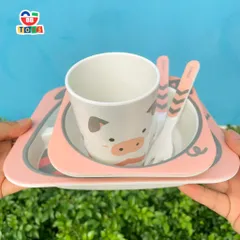 Khay Ăn Dặm Cho Bé Lợn Piggy - Bộ Bát Tăm Tre An Toàn, Thân Thiện Môi Trường, Quà Tặng Ý Nghĩa Cho Trẻ Nhỏ