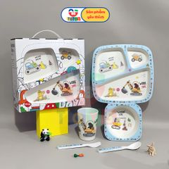 Bộ Khay Ăn Dặm Cho Bé Hình Xe Ô Tô Máy Xúc - Bộ Đồ Dùng Ăn Uống Ngộ Nghĩnh Bằng Sợi Tre - Quà Tặng Thôi Nôi Sinh Nhật Dễ Thương