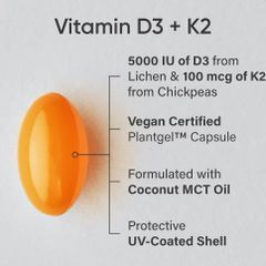 Viên Uống Vitamin D3 + K2 USA 120 Viên - Hỗ Trợ Sức Khỏe Xương, Tăng Cường Miễn Dịch và Tim Mạch, Dinh Dưỡng Thiết Yếu Hàng Ngày - Có Mã QR Chính Hãng