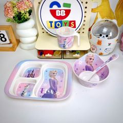 Bộ Dụng Cụ Ăn Dặm Cho Bé Elsa Nhựa Melamine - Khay 3 Ngăn, Bát, Cốc Uống, Đồ Dùng Ăn Uống Cho Trẻ Em Yêu Thích Disney