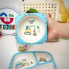 Bộ Khay Ăn Dặm Cho Bé Hình Xe Ô Tô Máy Xúc - Bộ Đồ Dùng Ăn Uống Ngộ Nghĩnh Bằng Sợi Tre - Quà Tặng Thôi Nôi Sinh Nhật Dễ Thương