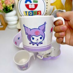 Bộ Set Bát Ăn Dặm 3 Ngăn Kuromi Cho Bé - Khay Nhựa Melamine Dễ Thương Hình Nhân Vật Hoạt Hình Thú Vị
