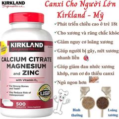 Viên Uống Kirkland Signature Calcium Citrate Magnesium và Zinc 500mg - Hỗ Trợ Xương Khớp và Tăng Cường Miễn Dịch
