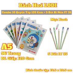 Combo 10 Tập Học Sinh Cao Cấp 120GSM 96 Trang A5 - Bao Gồm 5 Bút Bi Nến IT35 Chất Lượng Ấn Độ, Giấy Viết Không Lem