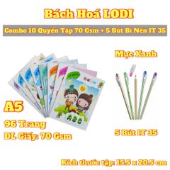 Combo 10 Quyển Tập A5 4 Ôly 70gsm 96 Trang + 5 Bút Bi Nến IT35 Chính Hãng Ấn Độ - Văn Phòng Phẩm Học Sinh