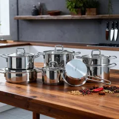 Bộ Nồi Inox Steiger Diamond 7 Món Đáy Liền - Tiện Nghi, Sang Trọng, Chống Bám Bẩn, Dùng Trong Máy Rửa Chén