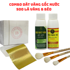 Combo Dát Vàng Gốc Nước - 500 Lá Vàng B Kim Siêu Rẻ Kèm Keo & Phủ Bóng, Dùng Cho Nhiều Chất Liệu Thấm Hút Như Giấy, Xi Măng, Đồ Da