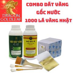 Combo Dát Vàng Gốc Nước 1000 Lá Nhật 9x9cm Kèm Keo & Chổi Cọ Chuyên Dụng - Phủ Bảo Vệ Cho Tết, Thạch Cao, Xi Măng, Đồ Da