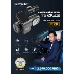 Camera Hành Trình VIETMAP TS-2K Lite - Ghi Hình Super HD 2K Trước Sau, Kết Nối WIFI 5Ghz, Bền Bỉ Với Pin Siêu Tụ Điện