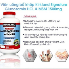 Kirkland Glucosamine HCL 1500mg & MSM 1500mg - Hỗ trợ sức khỏe xương khớp, 375 viên - Đảm bảo chất lượng USA