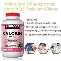 Viên uống Bổ sung Canxi Kirkland 600mg + Vitamin D3 - Hỗ trợ Xương và Răng Chắc Khỏe, Giảm Nguy Cơ Loãng Xương, Mỹ