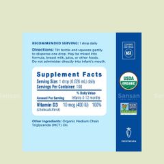 Vitamin D3 Mommy Bliss Cho Bé 0-1 Tuổi - Giọt Bổ Sung Hữu Cơ 400IU 3.24ml - Hỗ Trợ Phát Triển Hệ Xương Răng Từ Mỹ