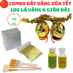 Combo Dát Vàng 3 Trái Dừa Tết - Bộ Trang Trí Độc Đáo Với 100 Lá Vàng Đài, Keo Dán và Dụng Cụ Hướng Dẫn Sử Dụng