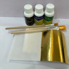 Combo dát vàng trải nghiệm gốc PU gồm 50 lá vàng B Gold kèm đủ keo, phủ, chổi dùng dát vàng trên gỗ, kim loại, nhựa, ...