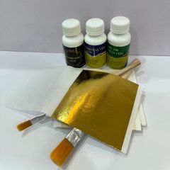Combo dát vàng trải nghiệm gốc PU gồm 50 lá vàng B Gold kèm đủ keo, phủ, chổi dùng dát vàng trên gỗ, kim loại, nhựa, ...