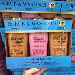 Sữa Tắm OGX Scrub & Wash Set 3 Chai 577ml - Tẩy Da Nhẹ Nhàng, Hương Thơm Lâu Dài, Chăm Sóc Da Tự Nhiên