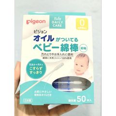 Bông ngoáy tai tẩm dầu Pigeon cho bé - Hộp 50 chiếc an toàn, chất liệu cotton Nhật Bản, chuyên dùng vệ sinh tai và mũi trẻ em