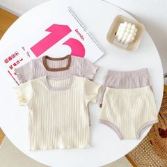 Bộ Đồ Cộc Tay Quần Chip Thun Gân Mẫu Mới 2023 Phong Cách Hàn Quốc Dễ Thương Thoáng Mát Cho Bé Trai Bé Gái
