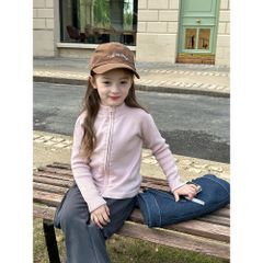 Áo Khoác Len Cardigan Kéo Khoá Dáng Ôm Co Dãn Mềm Mại Basic Thời Trang Cho Bé Gái - Ambbkids Thu Đông Hàn Quốc 2024