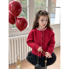Áo Len Cardigan Cho Trẻ Em Ambbkids - Dệt Kim Chấm Bi Nơ Lông Cừu, Phong Cách Giáng Sinh, Thời Trang Thu Đông 2026