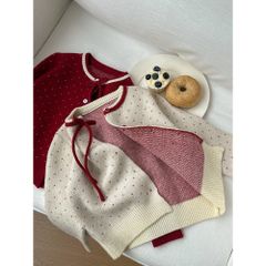 Áo Len Cardigan Cho Trẻ Em Ambbkids - Dệt Kim Chấm Bi Nơ Lông Cừu, Phong Cách Giáng Sinh, Thời Trang Thu Đông 2026