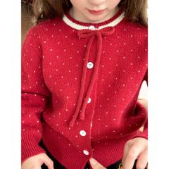 Áo Len Cardigan Cho Trẻ Em Ambbkids - Dệt Kim Chấm Bi Nơ Lông Cừu, Phong Cách Giáng Sinh, Thời Trang Thu Đông 2026
