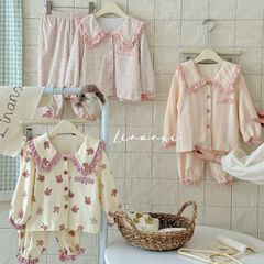 Bộ Đồ Ngủ Bé Gái Linanxi Cổ Búp Bê Nhún Gấu, Pijama Dễ Thương Chất Cotton Mềm Mịn, Họa Tiết Thỏ Xinh, Size 90-140