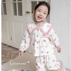 Bộ Đồ Ngủ Bé Gái Linanxi Cổ Búp Bê Nhún Gấu, Pijama Dễ Thương Chất Cotton Mềm Mịn, Họa Tiết Thỏ Xinh, Size 90-140