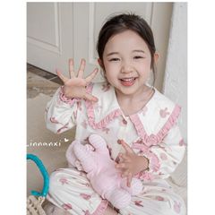 Bộ Đồ Ngủ Bé Gái Linanxi Cổ Búp Bê Nhún Gấu, Pijama Dễ Thương Chất Cotton Mềm Mịn, Họa Tiết Thỏ Xinh, Size 90-140