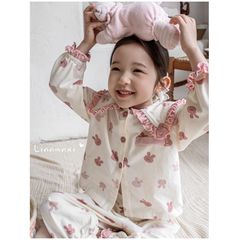 Bộ Đồ Ngủ Bé Gái Linanxi Cổ Búp Bê Nhún Gấu, Pijama Dễ Thương Chất Cotton Mềm Mịn, Họa Tiết Thỏ Xinh, Size 90-140