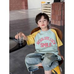[Ambbkids] Áo Thun Cotton Dáng Lỡ Tay Phối Màu, In Chữ Thời Trang Cho Bé Trai Bé Gái Mới Nhất Hè 2025