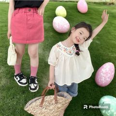 Áo Sơ Mi Thêu Hoa Tay Phồng và Chân Váy Hồng Dễ Thương Cho Bé Gái - Thời Trang Mùa Hè Năng Đ động Ambb Kids