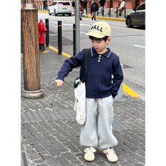 Ambbkids 2024-Áo Len Polo Có Cổ Vặn Thừng Dày Dặn, Dáng Ôm Vừa Co Dãn Mềm Mại Cho Bé Trai Ambbkids Thu Đông Hàn Quốc