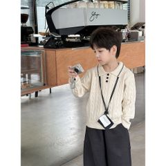 Ambbkids 2024-Áo Len Polo Có Cổ Vặn Thừng Dày Dặn, Dáng Ôm Vừa Co Dãn Mềm Mại Cho Bé Trai Ambbkids Thu Đông Hàn Quốc