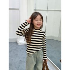 Áo Len Kẻ Ngang Dáng Ôm Cho Bé Gái Ambbkids 2024 - Phong Cách Thu Đông Dệt Kim Cao Cấp